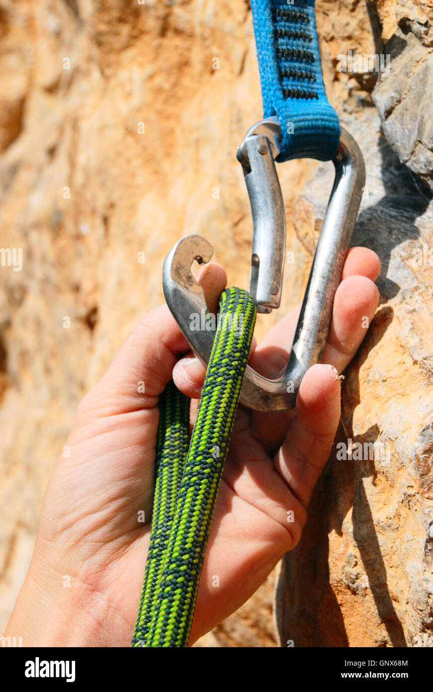 Climbers rope and quickdraws Stock Photo Alamy