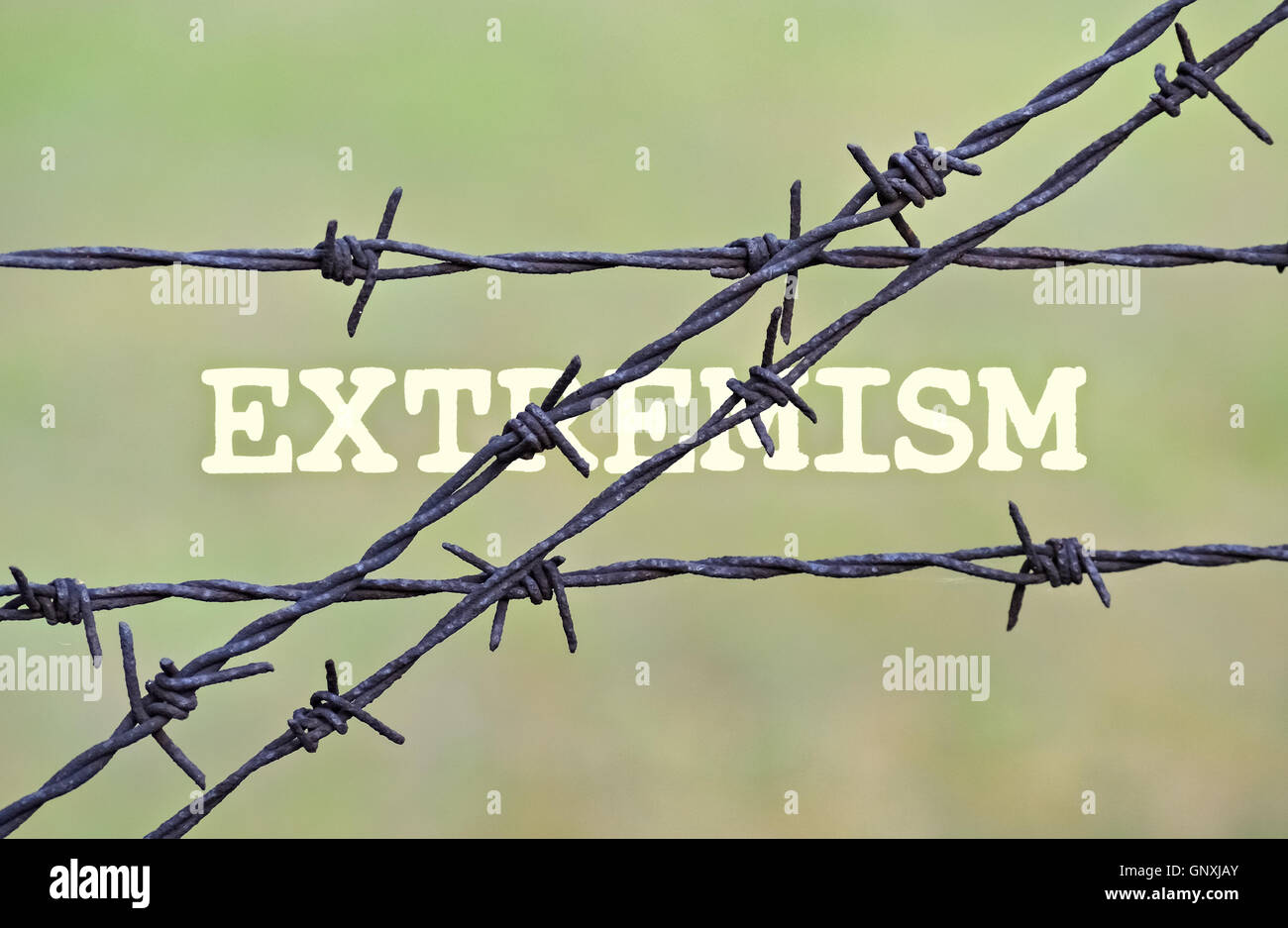 Word Extremism written under a wire fence with barbs Stock Photo