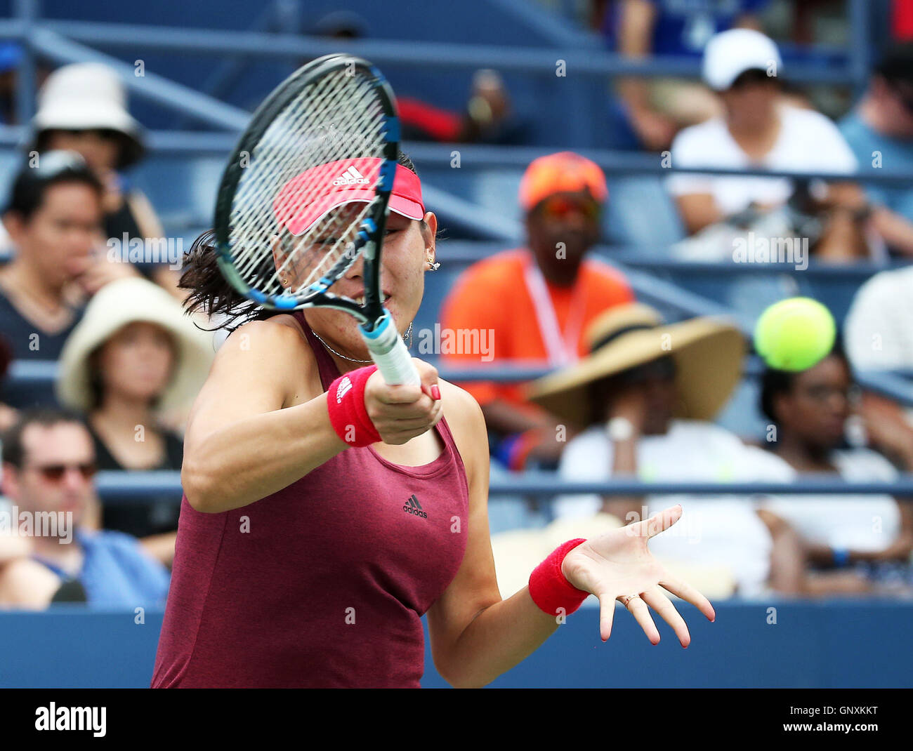 New York, USA. 31st Aug, 2016. Duan Yingying of China hits a return to Naomi Osaka of Japan during a women's singles second round match at the 2016 U.S. Open tennis tournament in New York, the United States, Aug. 31, 2016. Duan lost the match 0-2. Credit:  Qin Lang/Xinhua/Alamy Live News Stock Photo