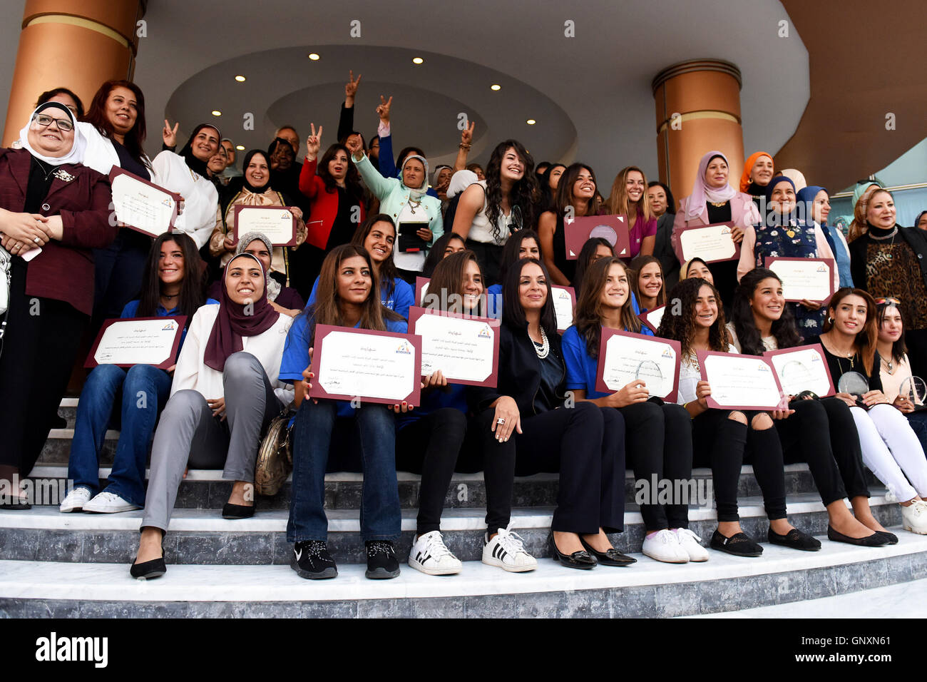 Cairo, Egypt. 31st Aug, 2016. Egyptian female Olympic athletes pose
