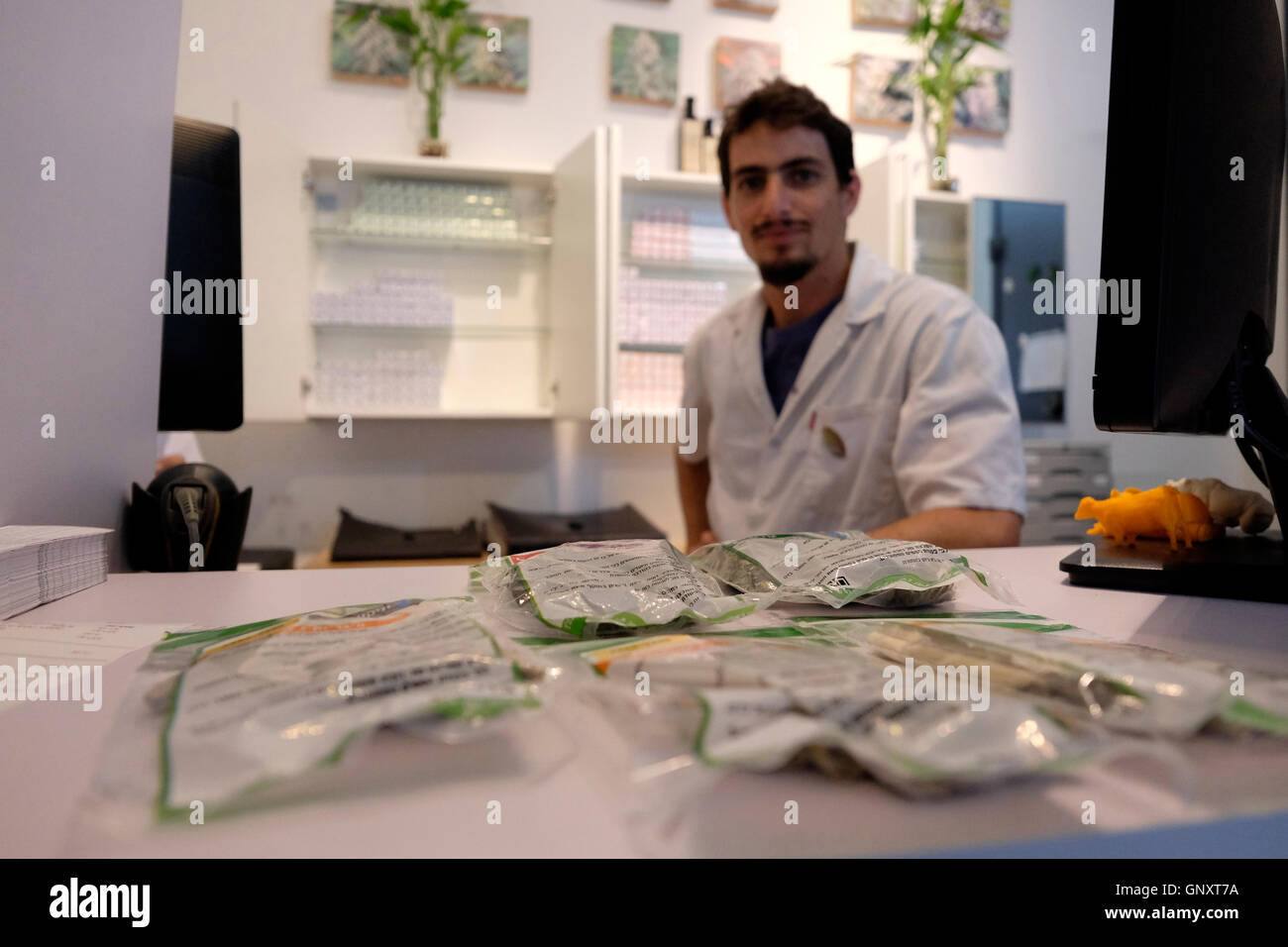 Bags containing medical marijuana is seen at a dispensary belonging to Tikun Olam, Israel's largest medical marijuana supplier in Tel Aviv on 01 September 2016. Israel is emerging as a world leader on the science of medical marijuana. In June, Israel approved a plan to ease restrictions on growing medical marijuana and announced that medical marijuana would eventually become a major growth and export industry. Stock Photo