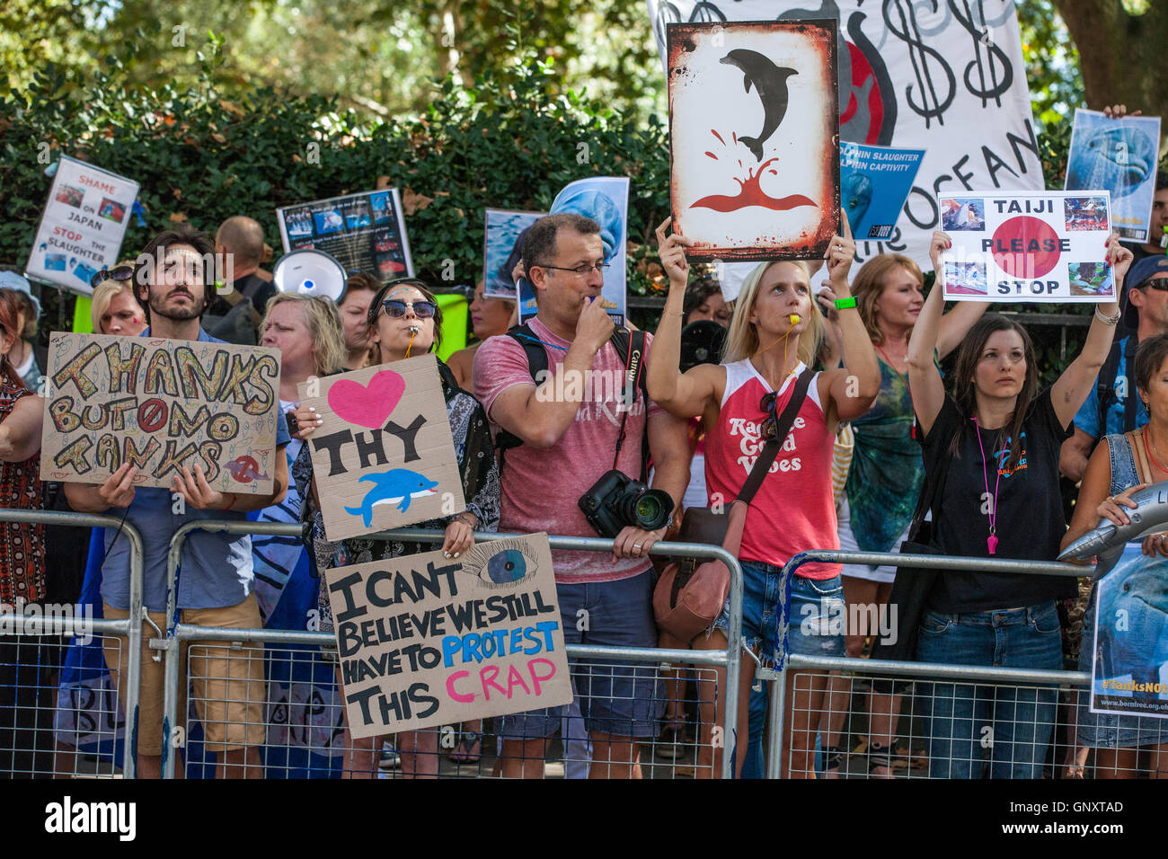 London, UK. 1st Sep, 2016. Activists from London against the Dolphin Massacre and Ric O'Barry's Dolphin Project protest outside the Japanese embassy on Japan Dolphins Day against the annual capture and slaughter of dolphins at a cove near Taiji in Japan. Credit:  Mark Kerrison/Alamy Live News Stock Photo