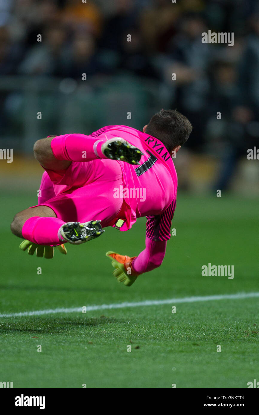 Perth, Australia. 1st September, 2016. World Cup Football Qualifier. Australia versus Iraq. Australian goalkeeper Mathew Ryan dives to make a save during the first half. Credit:  Action Plus Sports Images/Alamy Live News Stock Photo