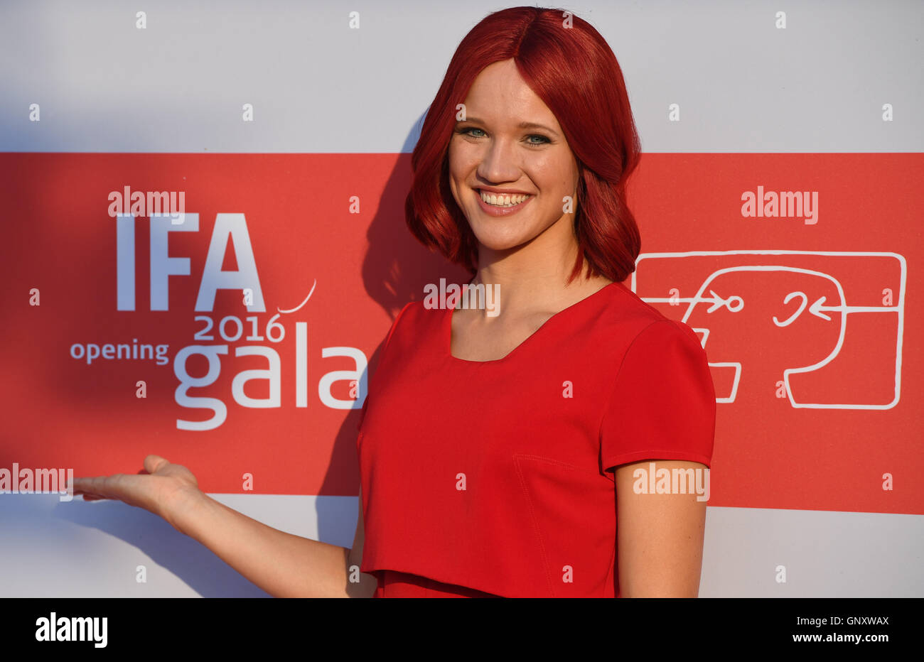 Berlin, Germany. 1st Sep, 2016. 'Miss IFA' arrives to the opening gala at the IFA electronics fair in Berlin, Germany, 1 September 2016. The IFA is known as the world's largest fair for entertainment technology, IT and household appliances. The IFA takes place from 2 to 7 September 2016. PHOTO: SOEREN STACHE/dpa/Alamy Live News Stock Photo