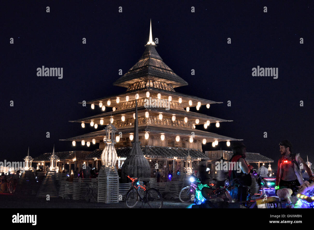 The Temple art installation at night during the annual desert festival Burning Man August 30, 2016 in Black Rock City, Nevada. The annual festival attracts 70,000 attendees in one of the most remote and inhospitable deserts in America. Stock Photo