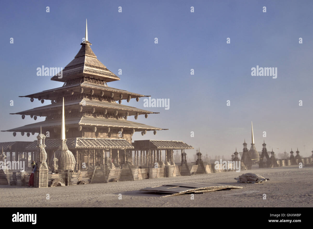 The Temple art installation during a dust storm at the annual desert festival Burning Man August 30, 2016 in Black Rock City, Nevada. The annual festival attracts 70,000 attendees in one of the most remote and inhospitable deserts in America. Stock Photo