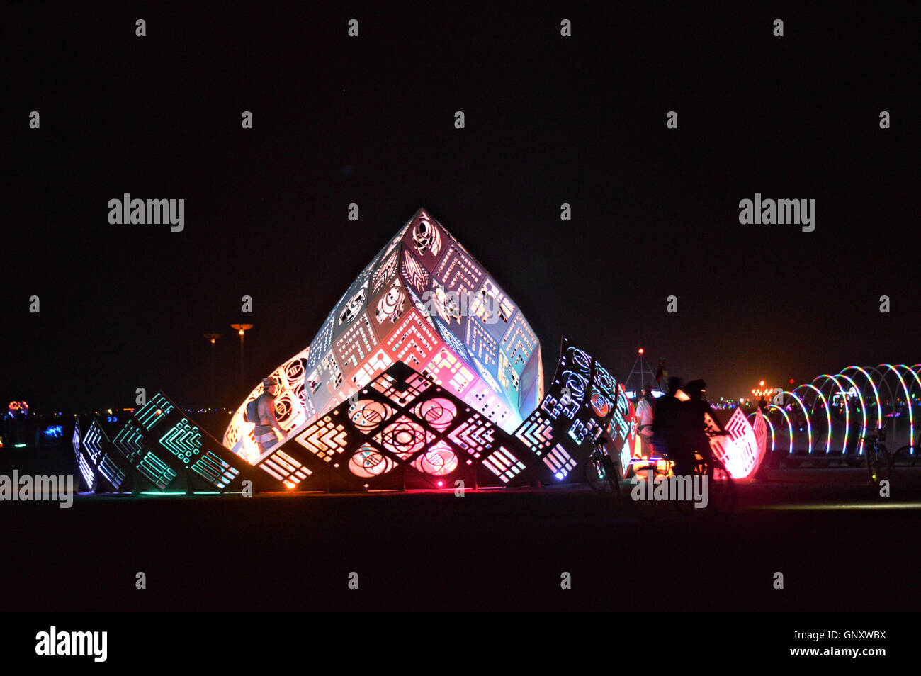 The Sisya art installation at night during the annual desert festival Burning Man August 30, 2016 in Black Rock City, Nevada. The annual festival attracts 70,000 attendees in one of the most remote and inhospitable deserts in America. Stock Photo