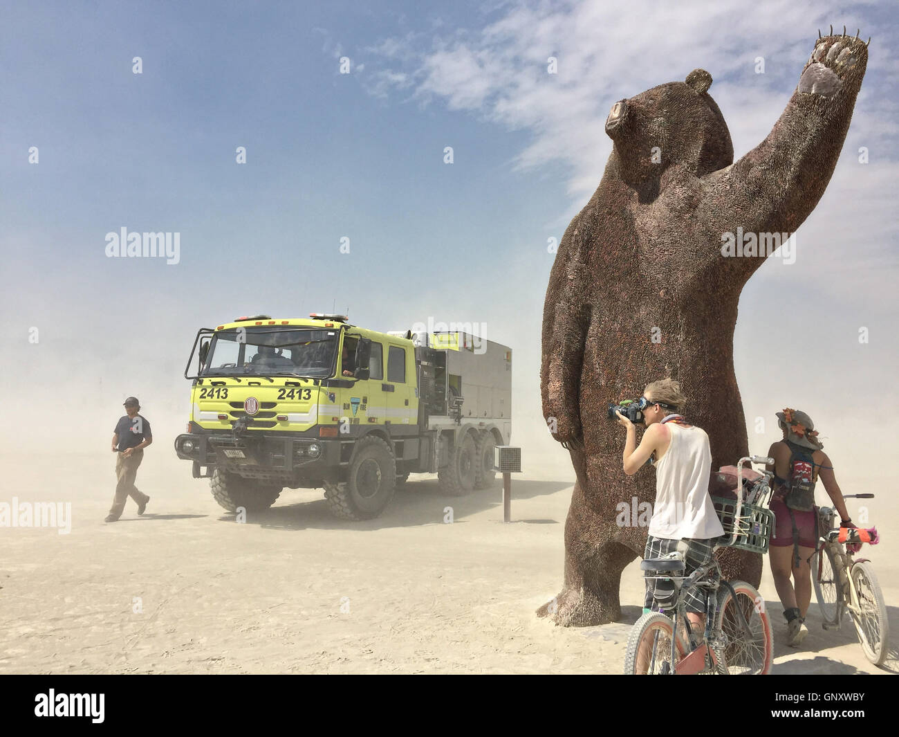 Ursa Major, a 14 foot tall, grizzly bear sow art installation during the annual desert festival Burning Man August 30, 2016 in Black Rock City, Nevada. The annual festival attracts 70,000 attendees in one of the most remote and inhospitable deserts in America. Stock Photo