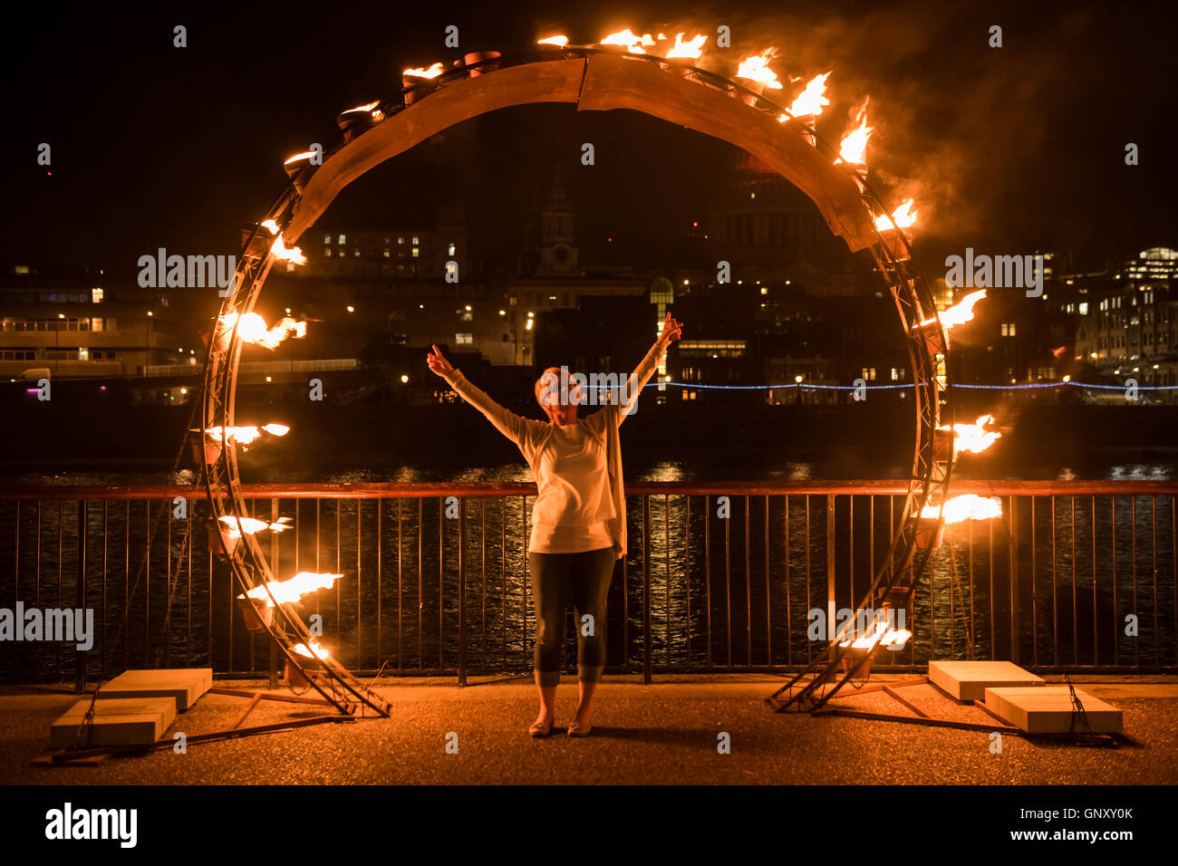 London, UK. 1st Sept, 2016. Compagnie Carabosse, French fire alchemists, created a Fire Garden in front of the Tate Modern. One of the events which forms part of the festival marking the 350th anniversary of the Great Fire of London. Credit:  Guy Bell/Alamy Live News Stock Photo