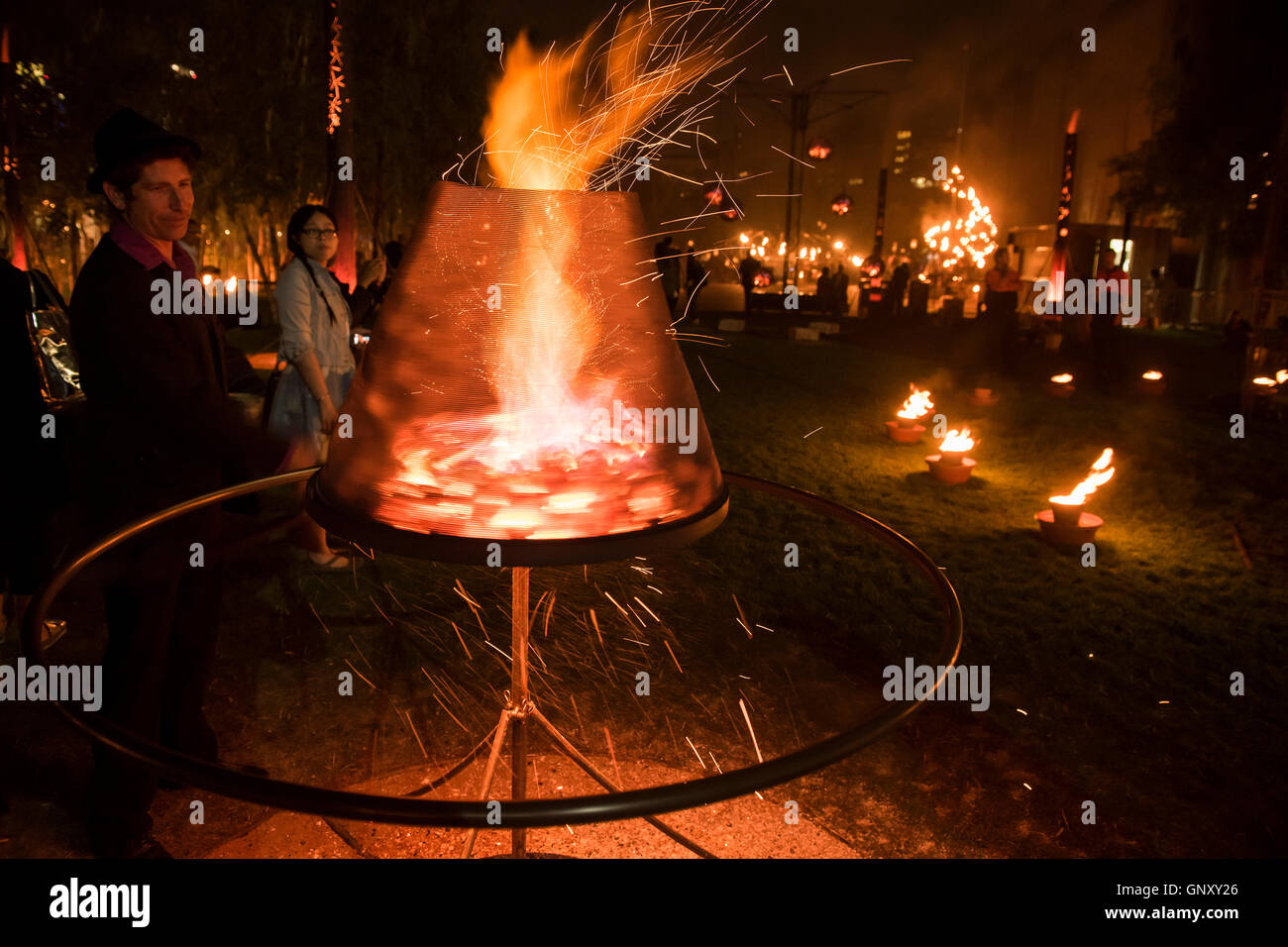 London, UK. 1st Sept, 2016. Compagnie Carabosse, French fire alchemists, created a Fire Garden in front of the Tate Modern. One of the events which forms part of the festival marking the 350th anniversary of the Great Fire of London. Credit:  Guy Bell/Alamy Live News Stock Photo
