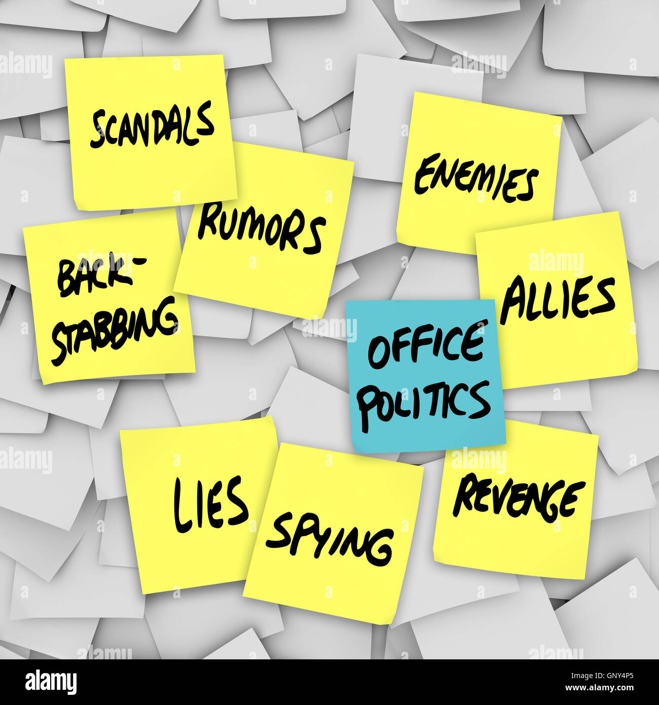 Office Politics Scandal Rumors Lies Gossip - Sticky Notes Stock Photo