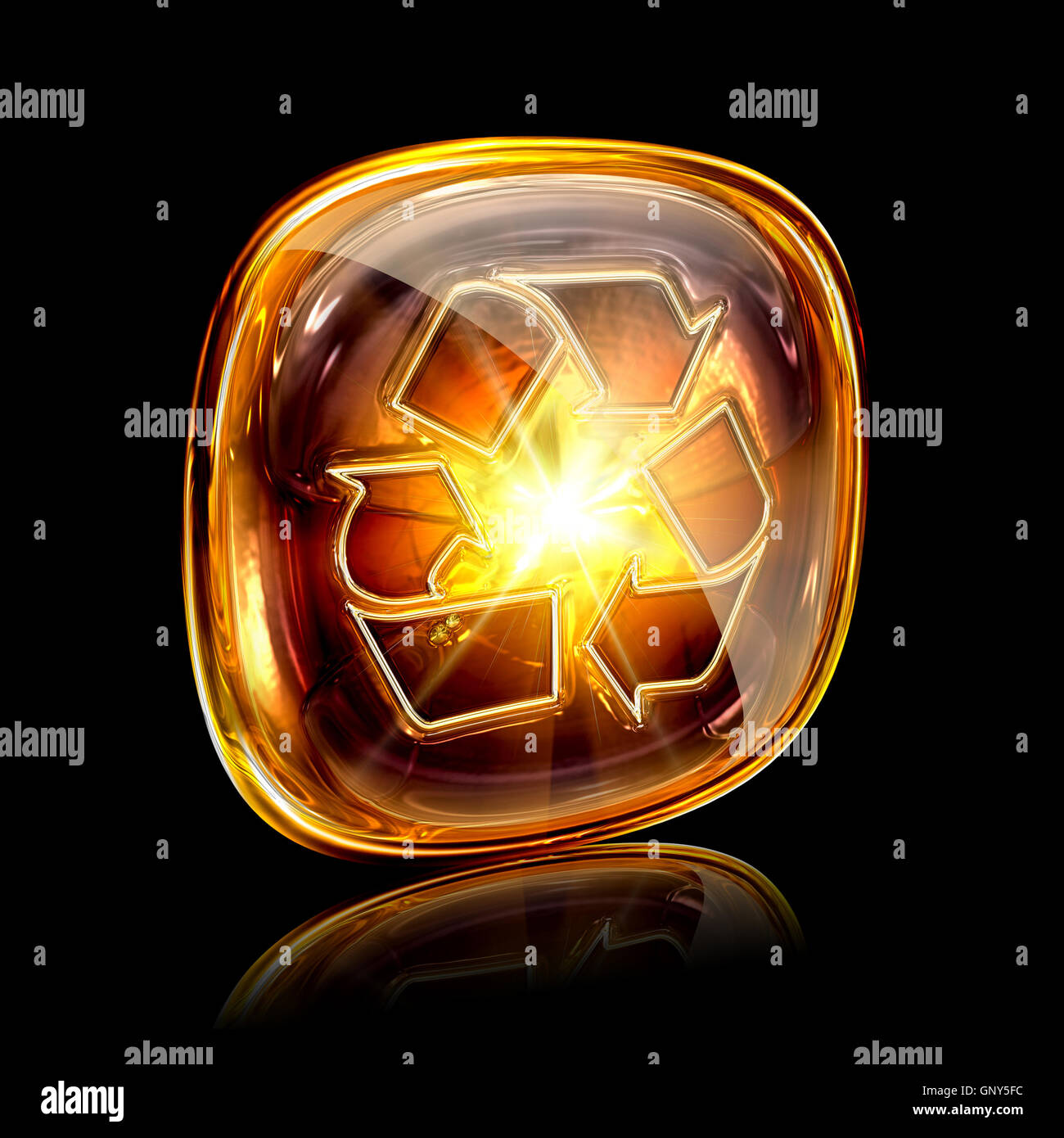 Recycling symbol icon amber, isolated on black background Stock Photo ...