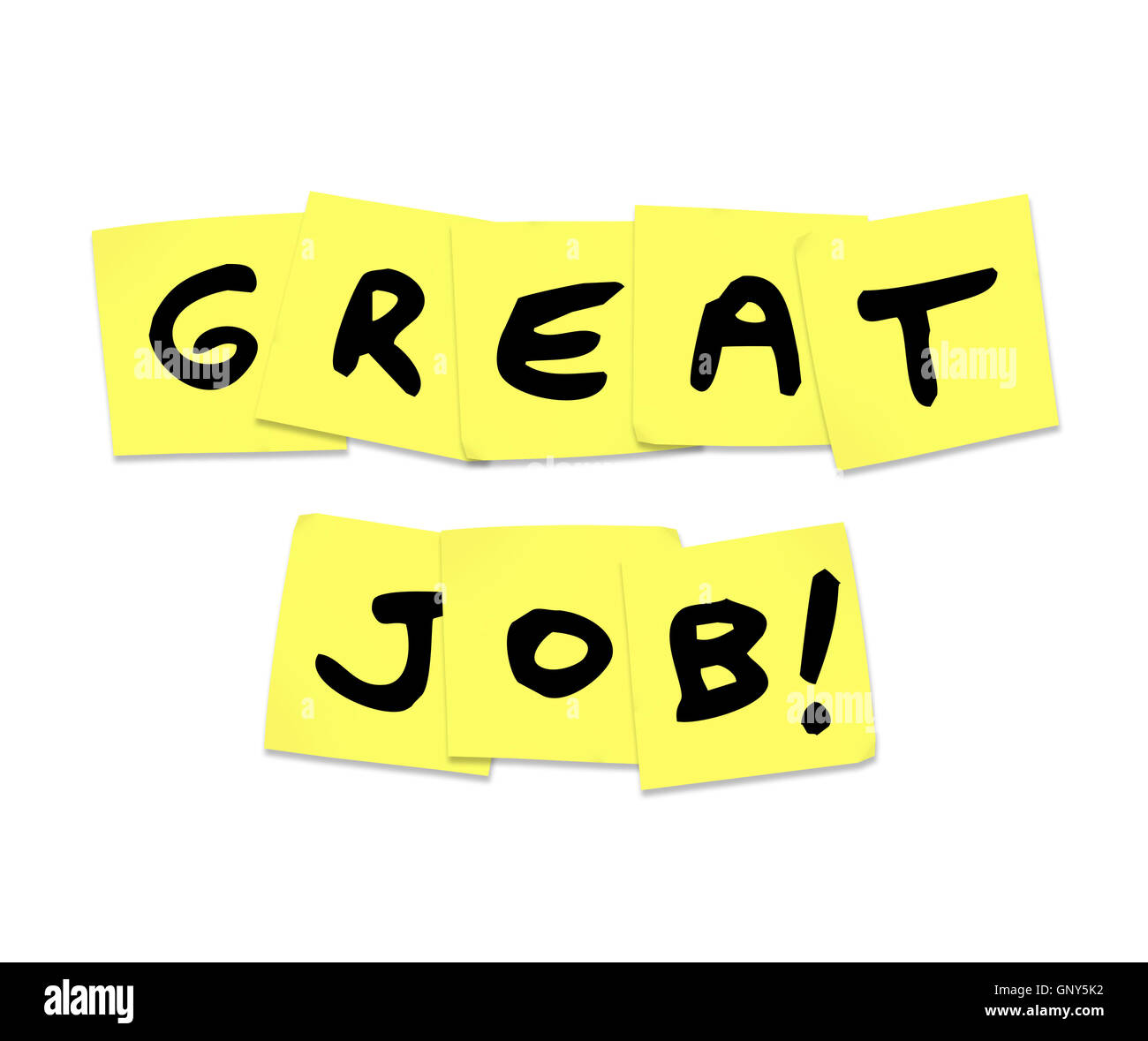 Great Job - Praise Words on Yellow Sticky Notes Stock Photo