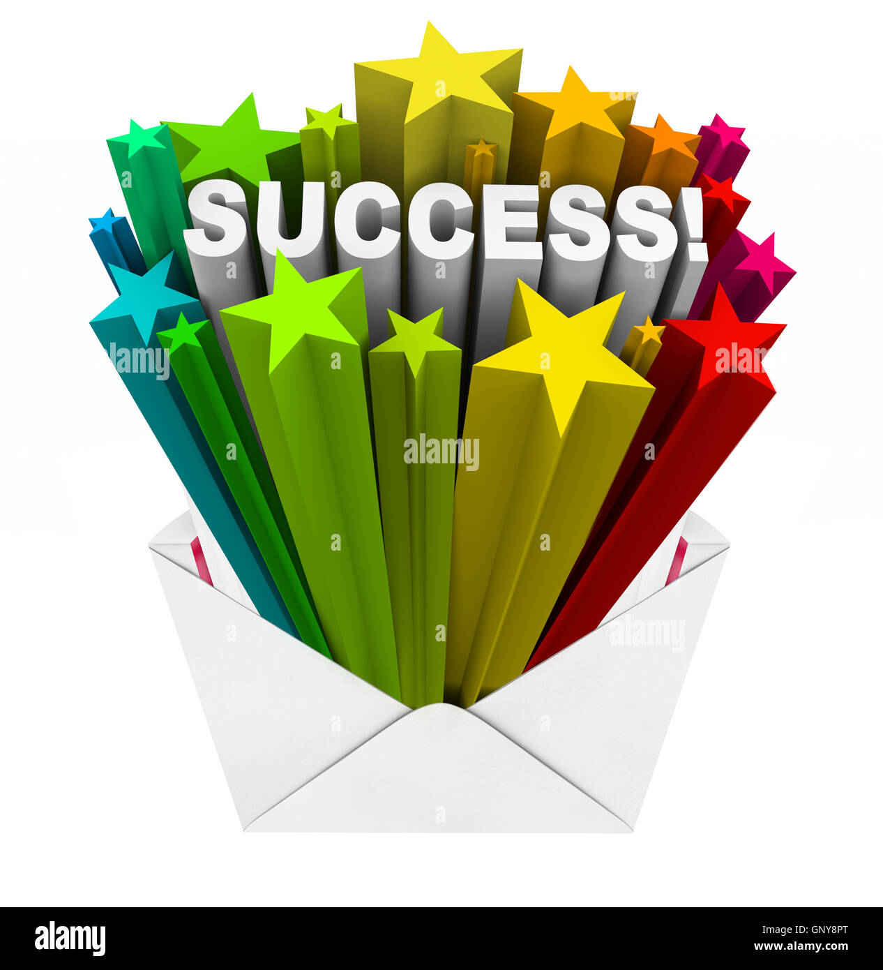 Success Word Stars Bursting from Envelope Winner Result Stock Photo
