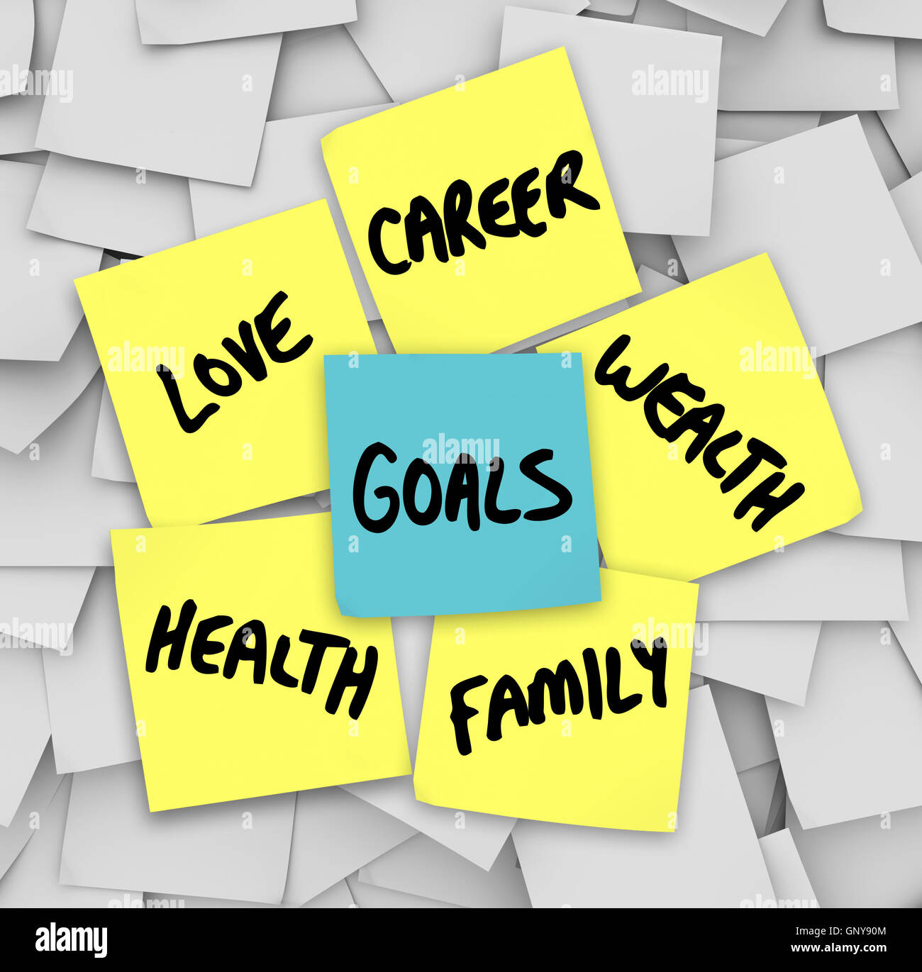 Goals on Sticky Notes Health Wealth Career Love Stock Photo