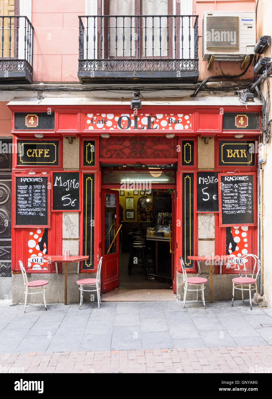Facade of the Cafe Ole Bar in Madrid, Spain Stock Photo