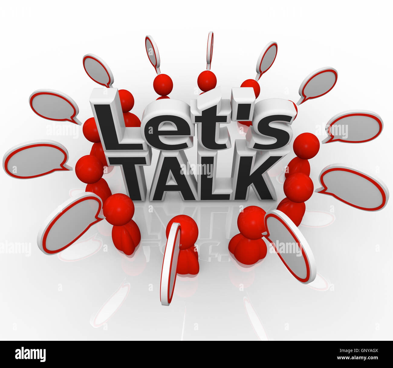 Let's Talk People Group in Circle Discuss in Speech Clouds Stock Photo