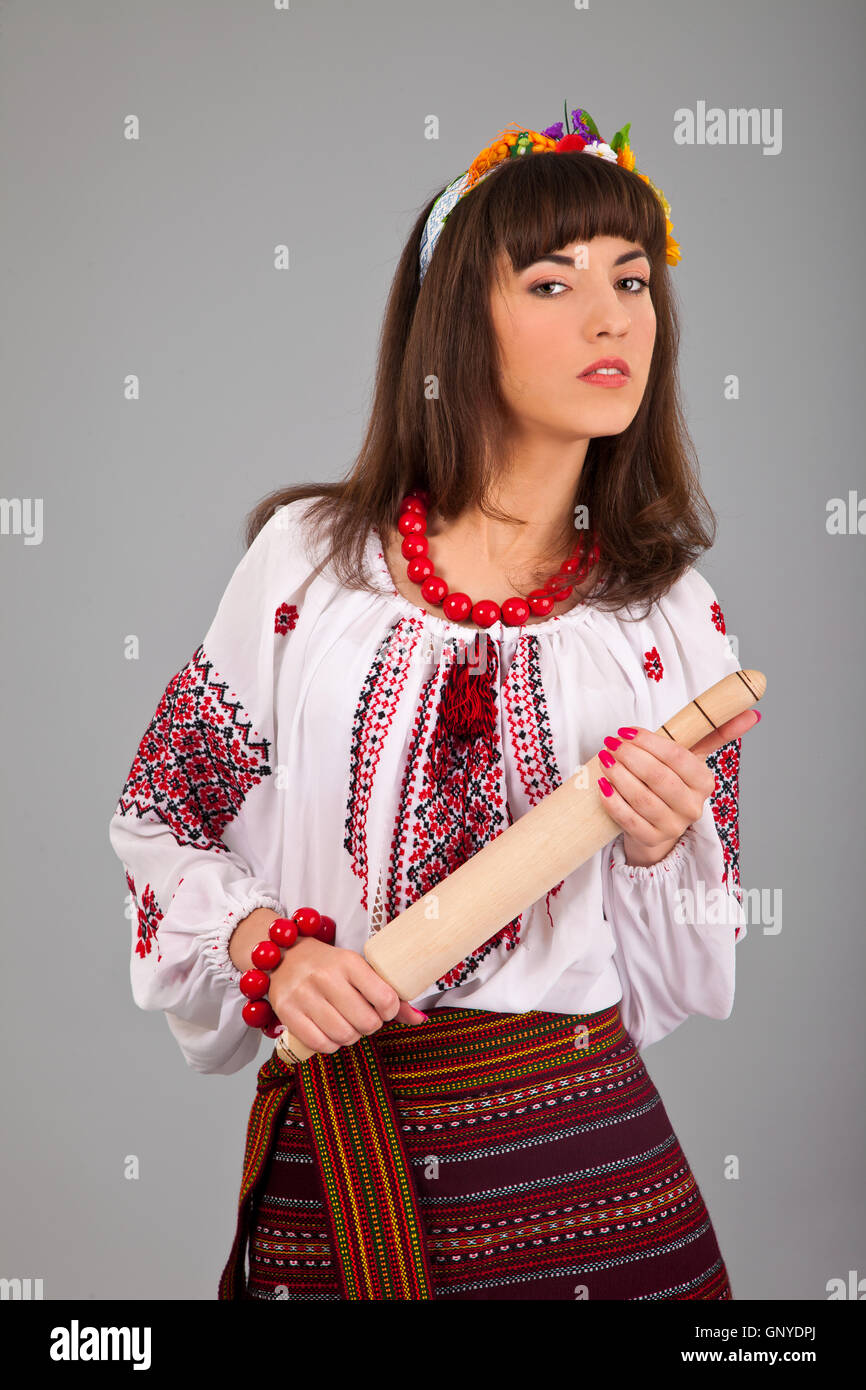Attractive woman wears Ukrainian national dress Stock Photo