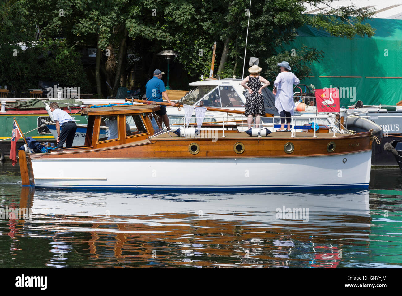 Swan Upping boat on Thames River at Lalham Reach, Laleham, Surrey, England, United Kingdom Stock Photo