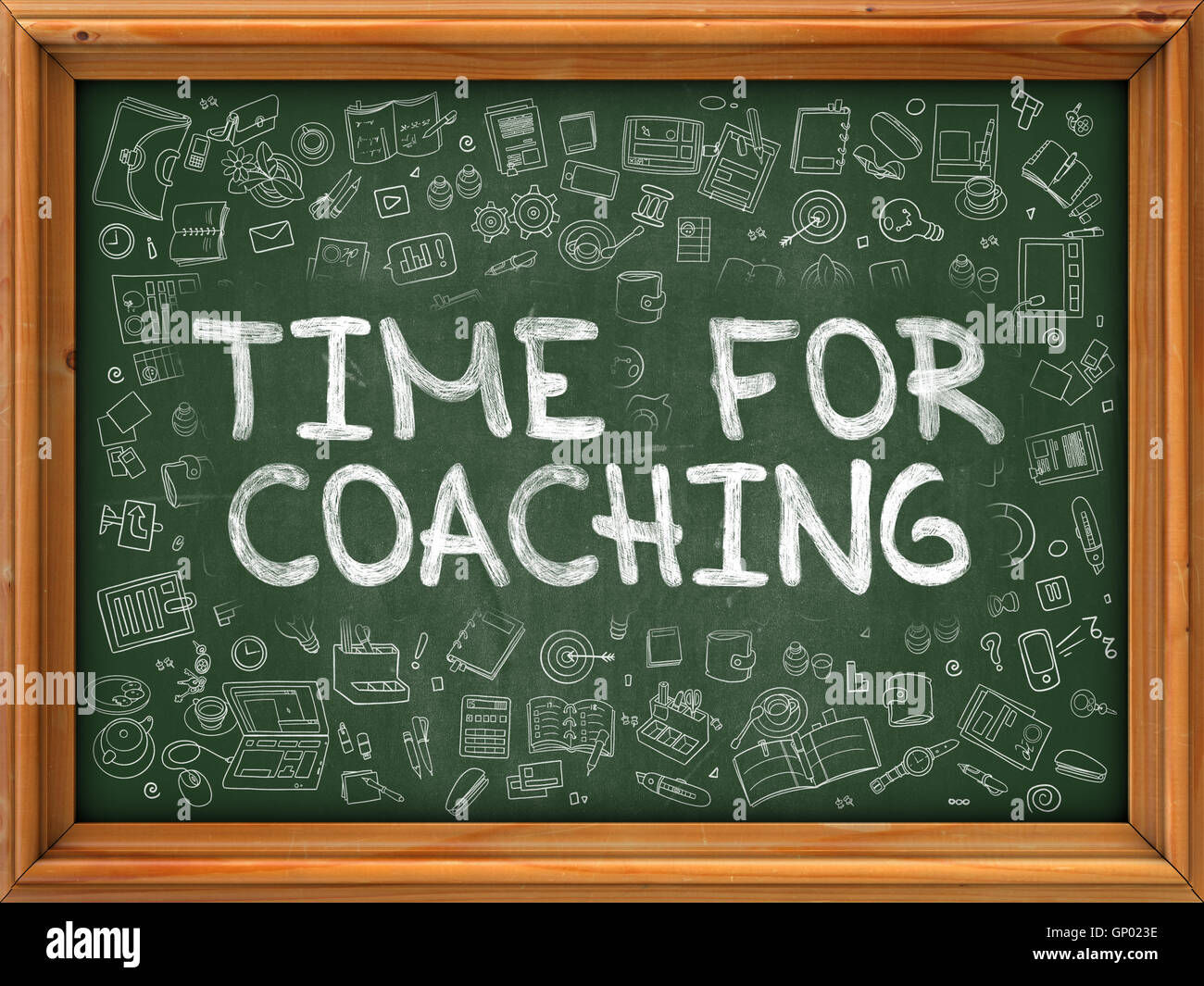 Green Chalkboard with Hand Drawn Time for Coaching with Doodle Icons Around. Line Style Illustration. Stock Photo