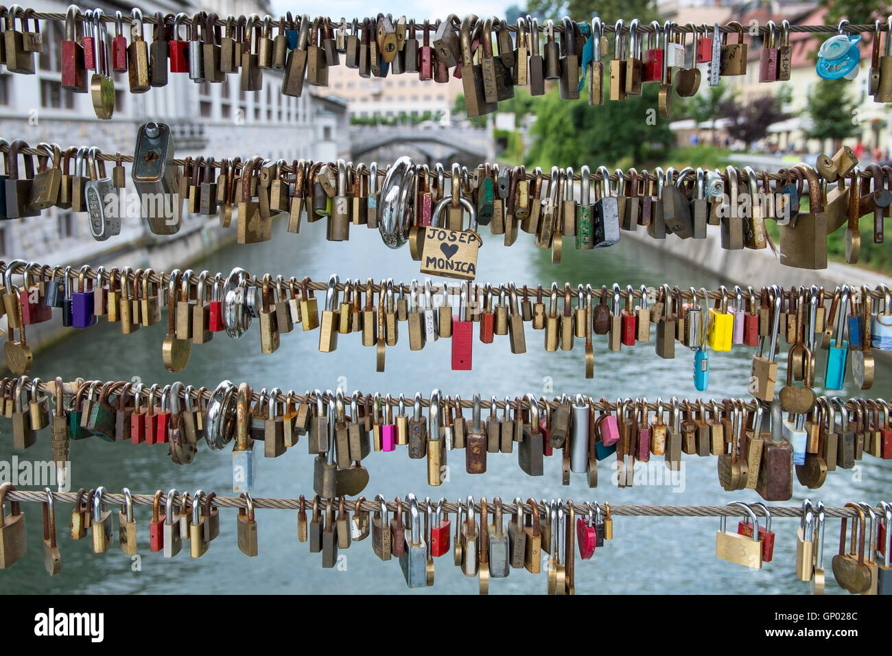 Love locks on Butcher's Bridge and Triple Bridge in Ljubljana, capital