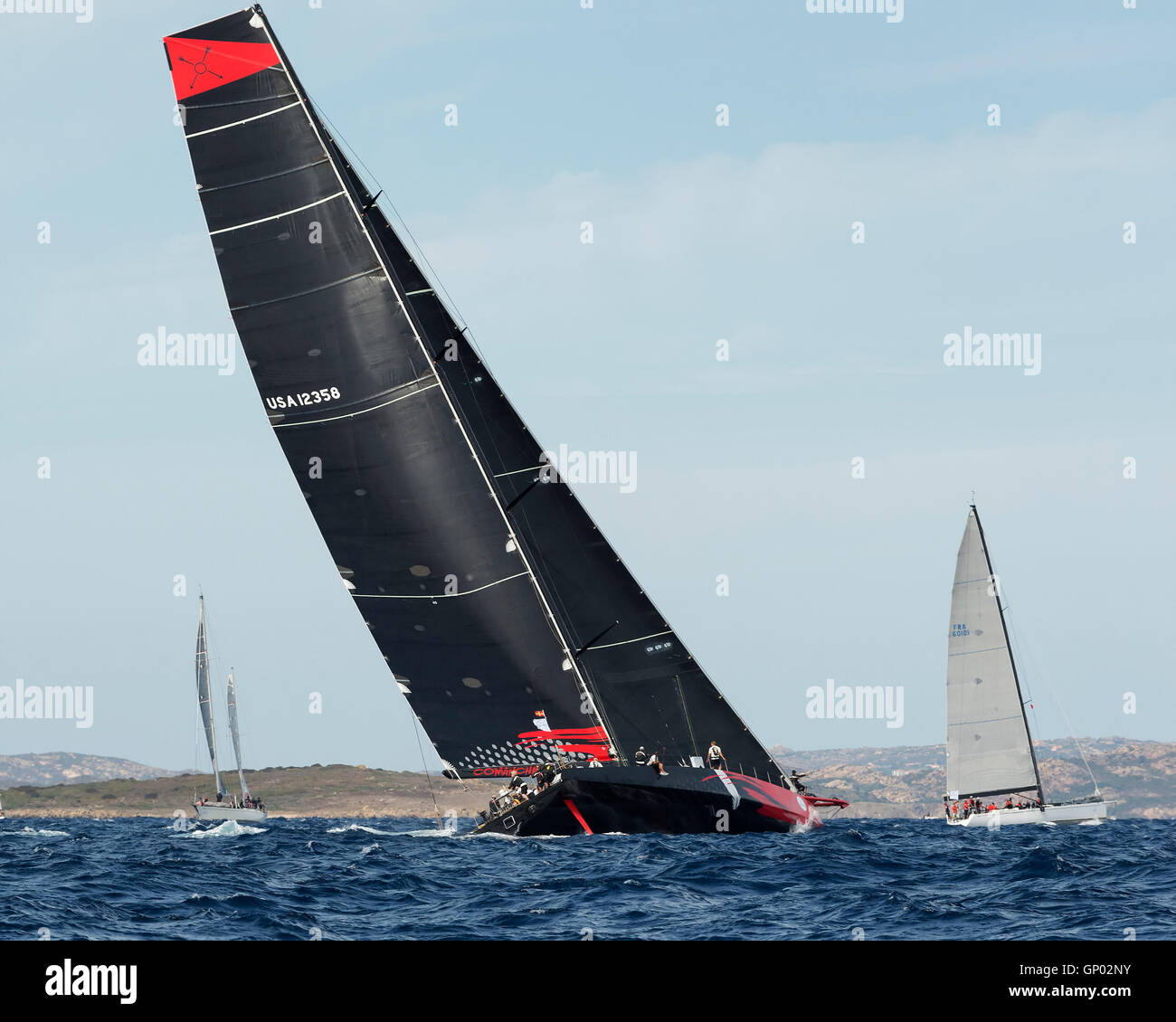 PORTO CERVO - 8 SEPTEMBER: Comanche at Maxi Yacht Rolex Cup sail boat race, this sailboat is build to be the fastest monohull ev Stock Photo