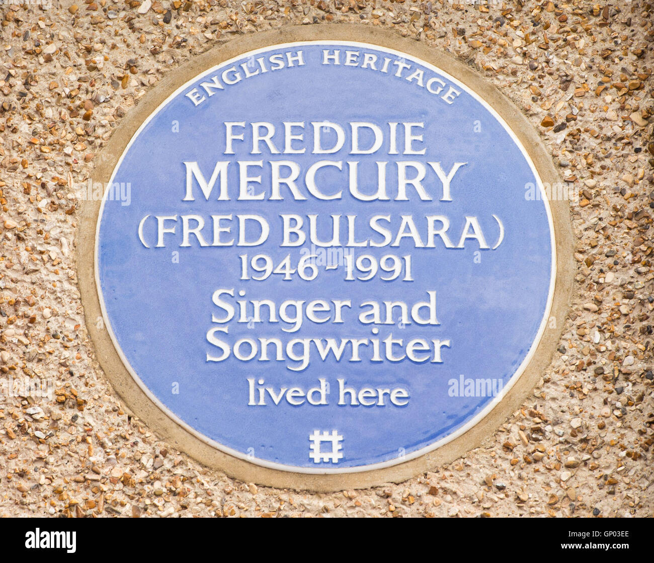 The English Heritage blue plaque to Queen lead singer Freddie Mercury, at his former home at 22 Gladstone Avenue in Feltham, west London. Stock Photo