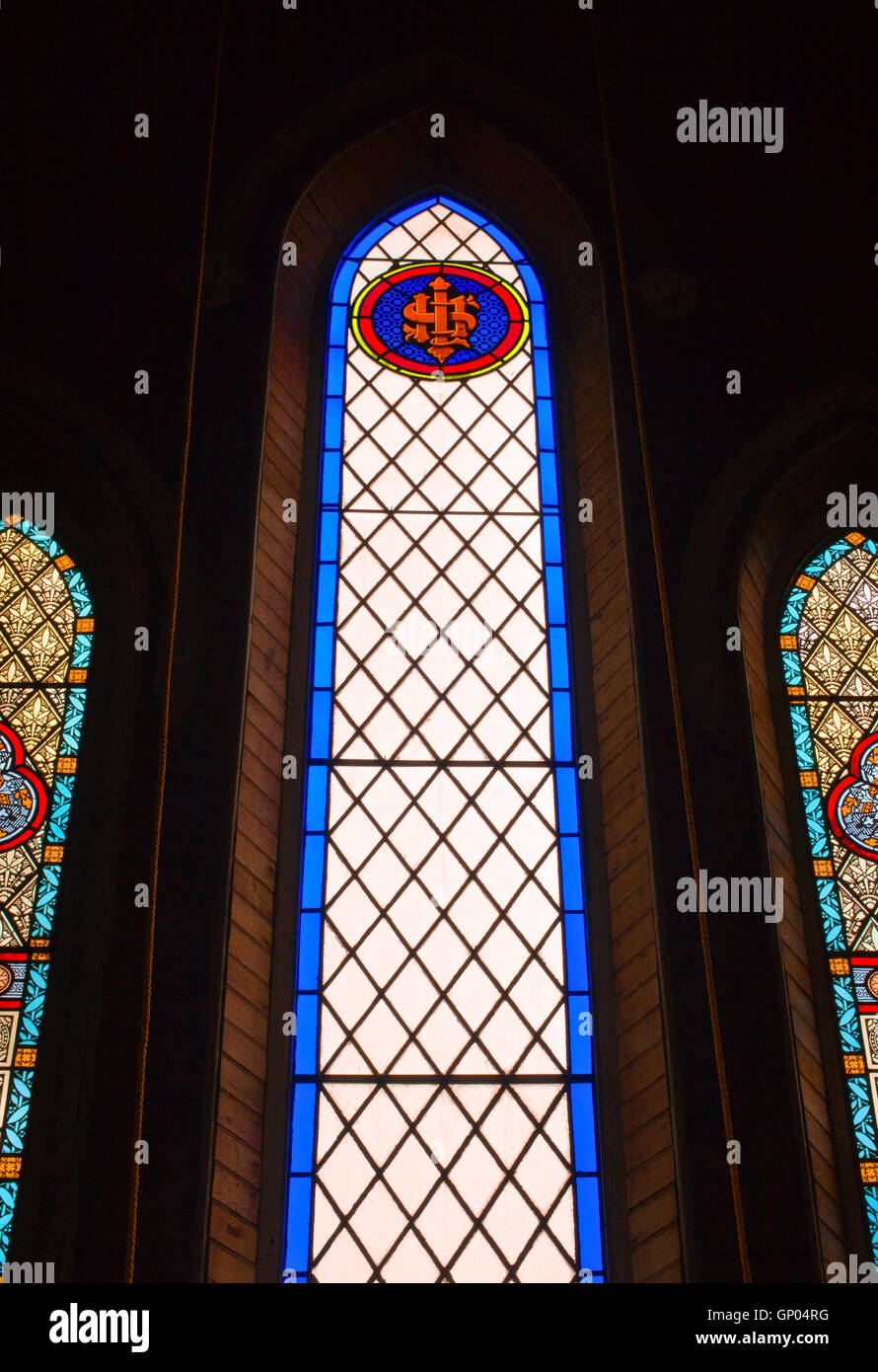Stained glass window inside church. Stock Photo