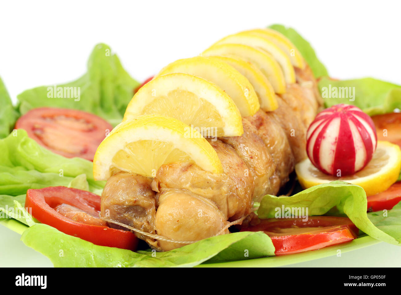 rolled chicken meat with vegetables and fruit Stock Photo