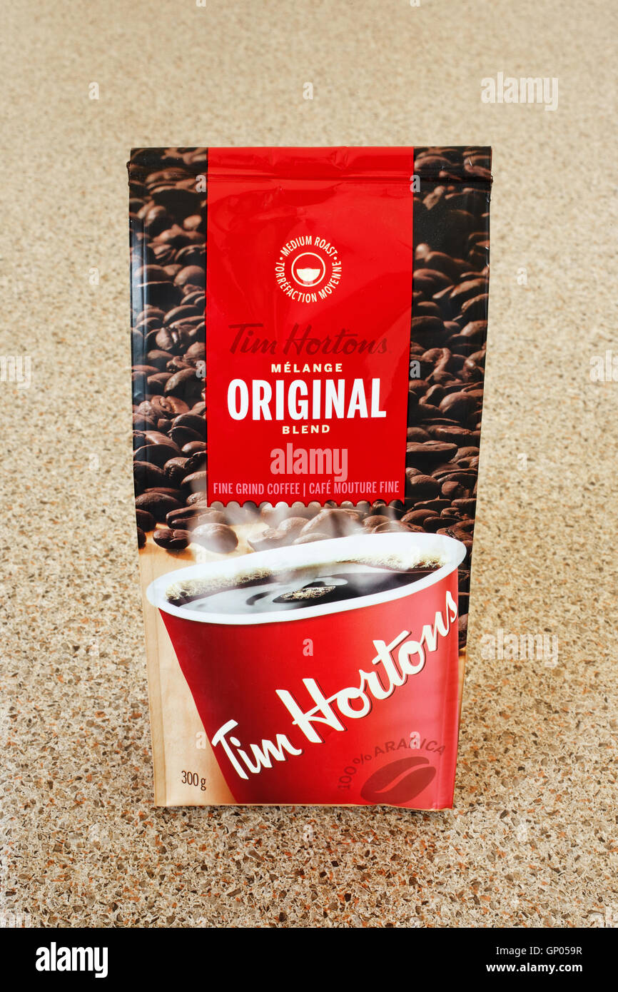 Pleasant Valley, Canada - August 18, 2016: Tim Hortons coffee bag. Tim Hortons is a Canadian restaurant chain known for its coffee and doughnuts. In 2 Stock Photo