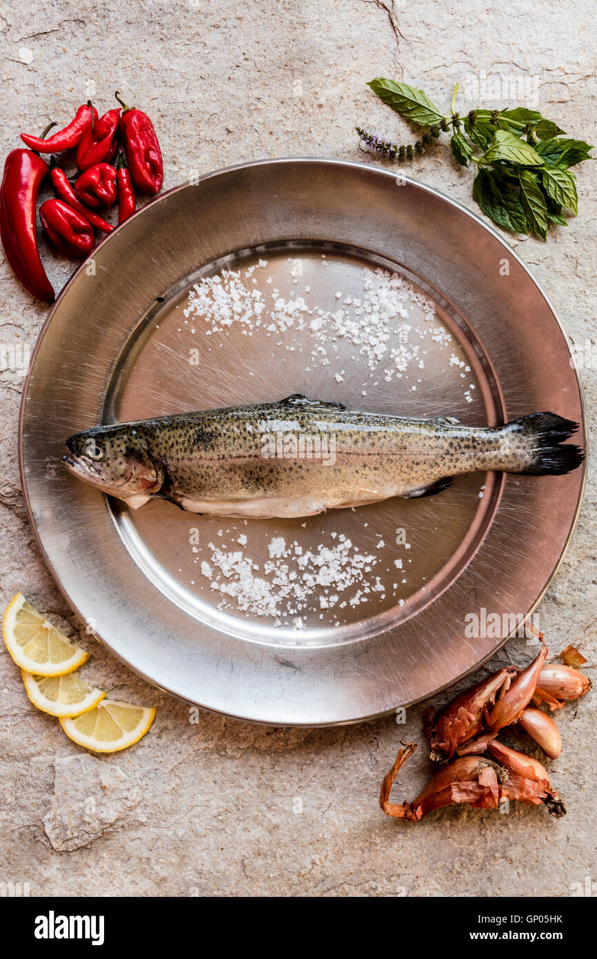 Fresh fish and genuine ingredients of the healthy Italian cooking Stock Photo