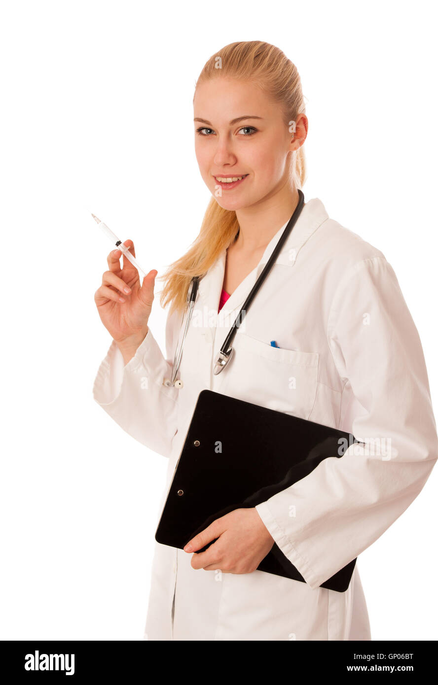 Doctor with stethoscope around neck and needle in hand promoting cure