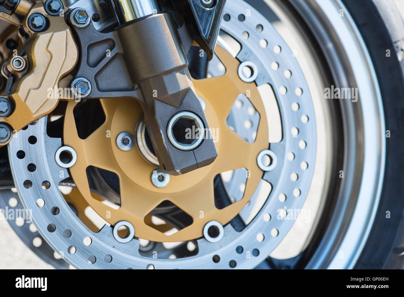 detailed close up of front brakes of a motorcycle Stock Photo