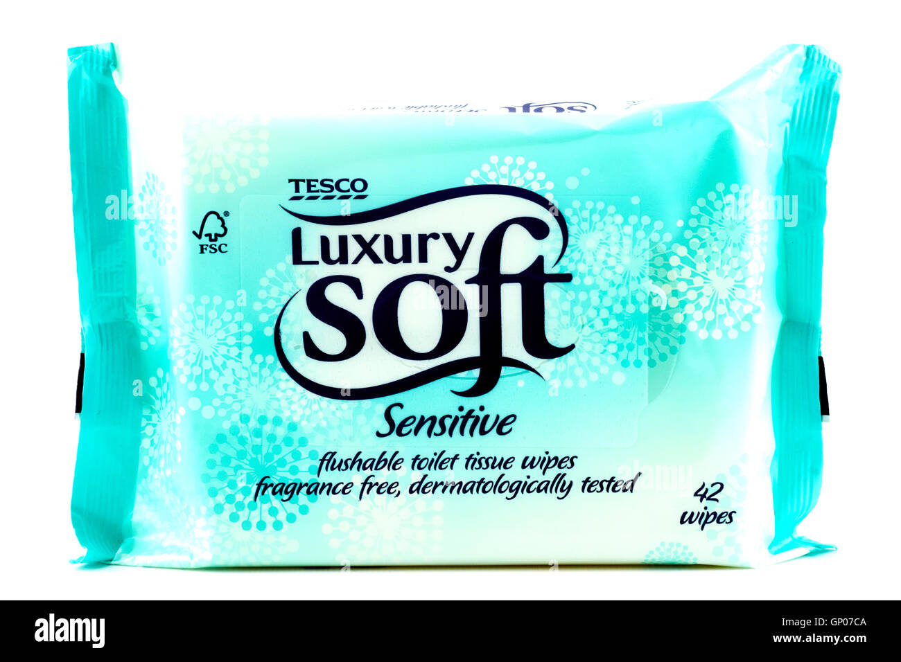 Tesco Luxury Soft Sensitive Flushable Toilet Tissue Wipes Stock Photo