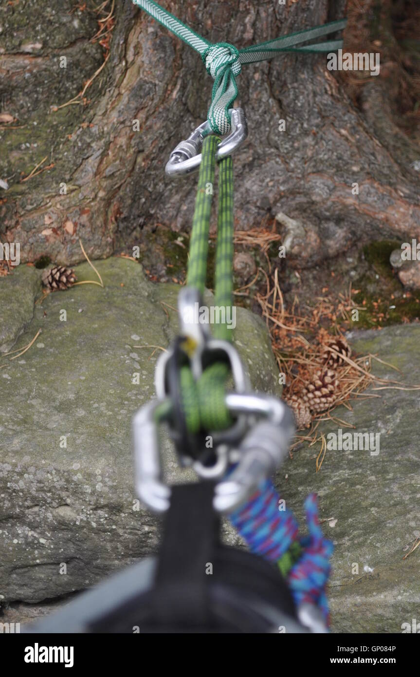 rope work set up rock climbing Stock Photo Alamy