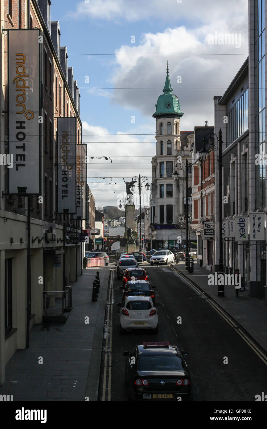 Looking down Butcher Street in Derry towards The Diamond in the centre of The Walled City. Stock Photo