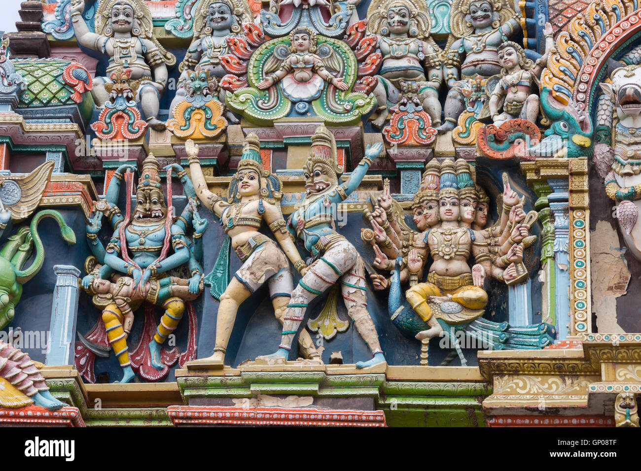 Lord Vishnu as Narasimha and Lord Murugan on his peacock. Stock Photo