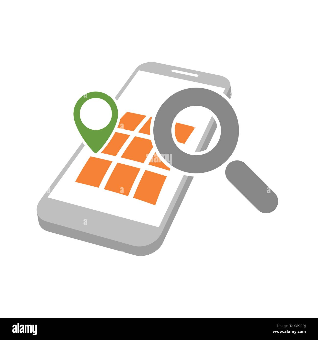 mobile phone with geo map marking and magnifying glass as gps location