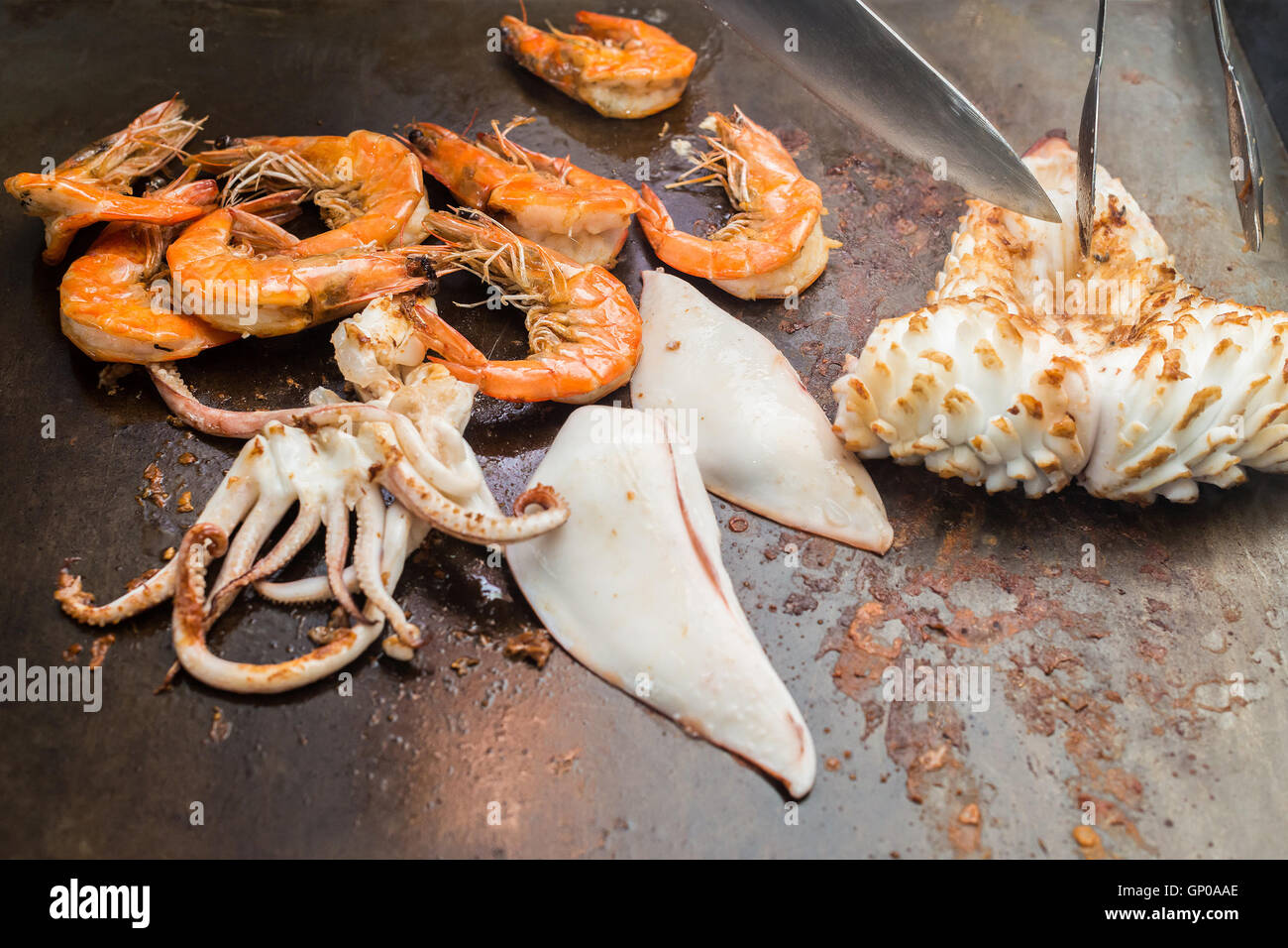 delicious grilled seafood on pan, close up Stock Photo
