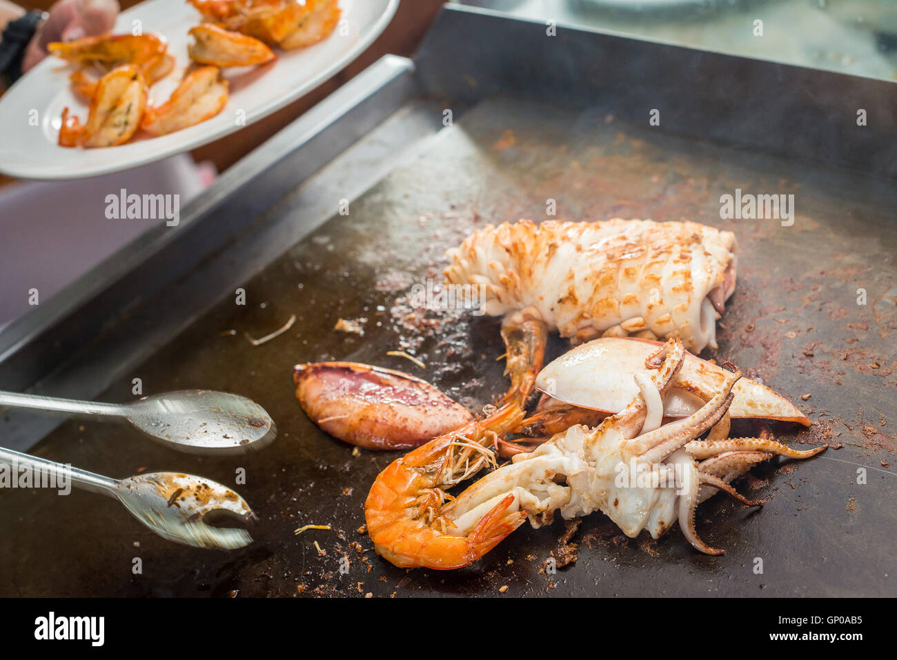 delicious grilled seafood on pan, close up Stock Photo