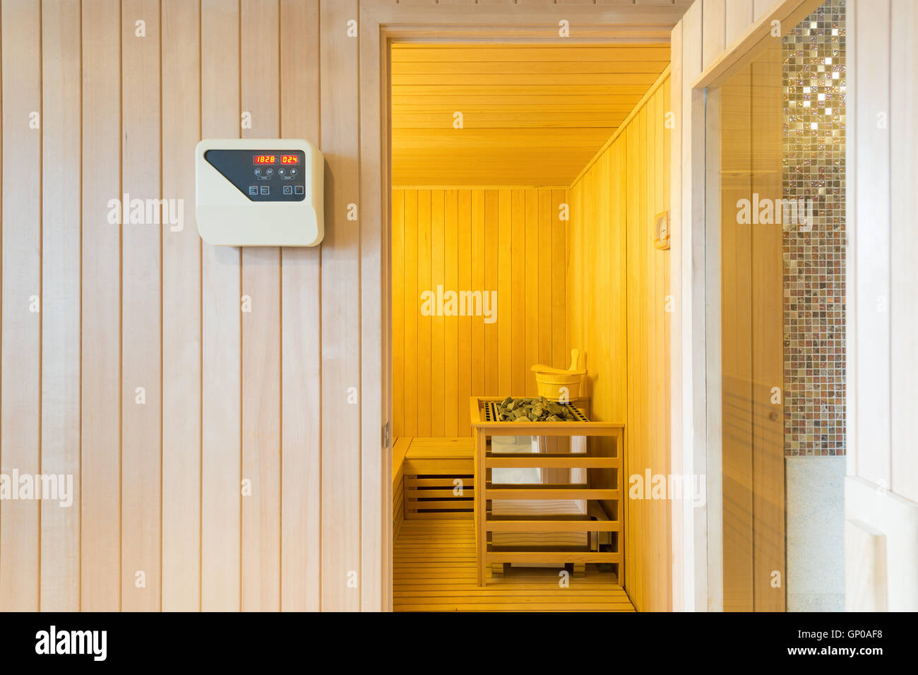 Large standard-design classic wooden sauna interior in public building Stock Photo