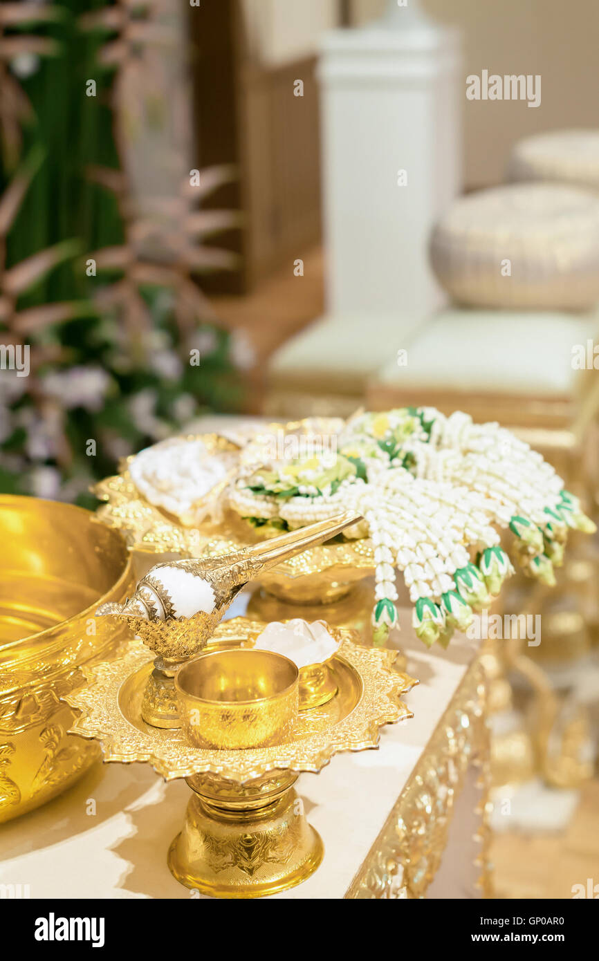 Setup for hand pouring in Thai wedding ceremony. Stock Photo