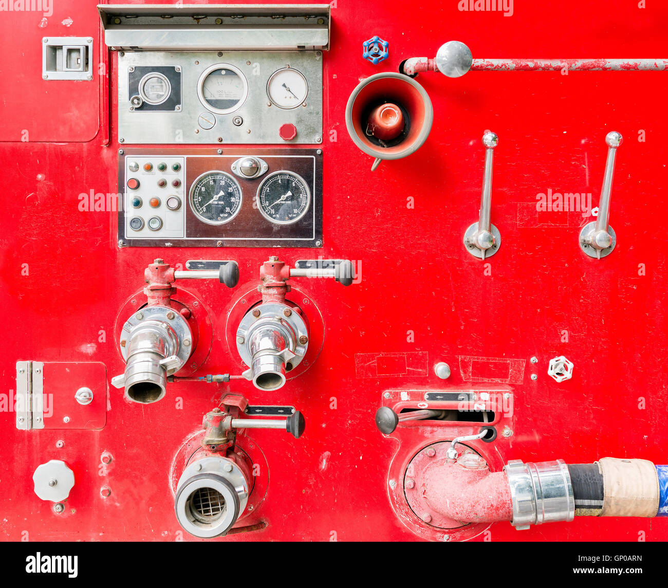 dirt old fire truck and close up equipments. Stock Photo