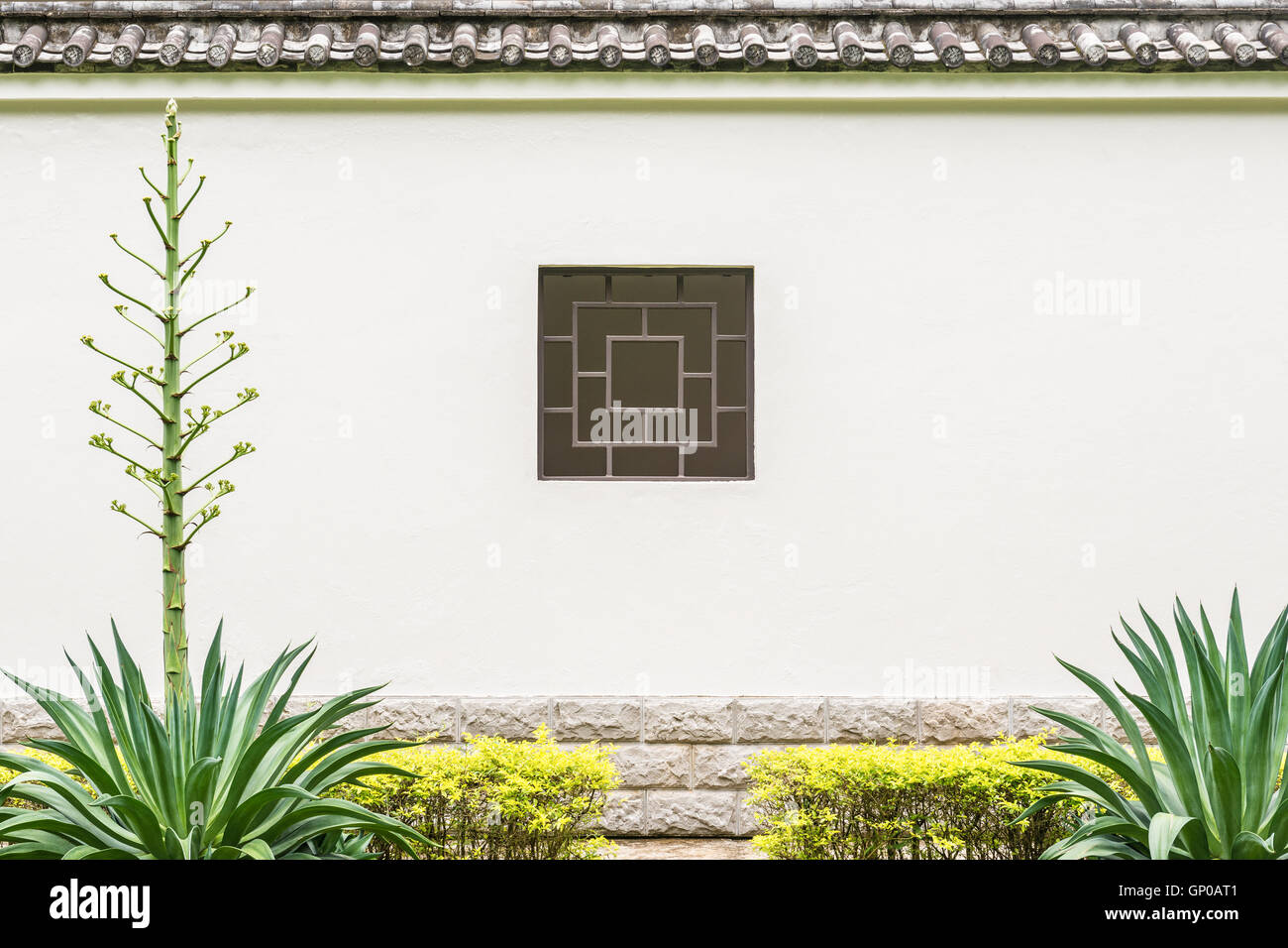 Chinese square style window on the wall at backyard gardening, copy space. Stock Photo