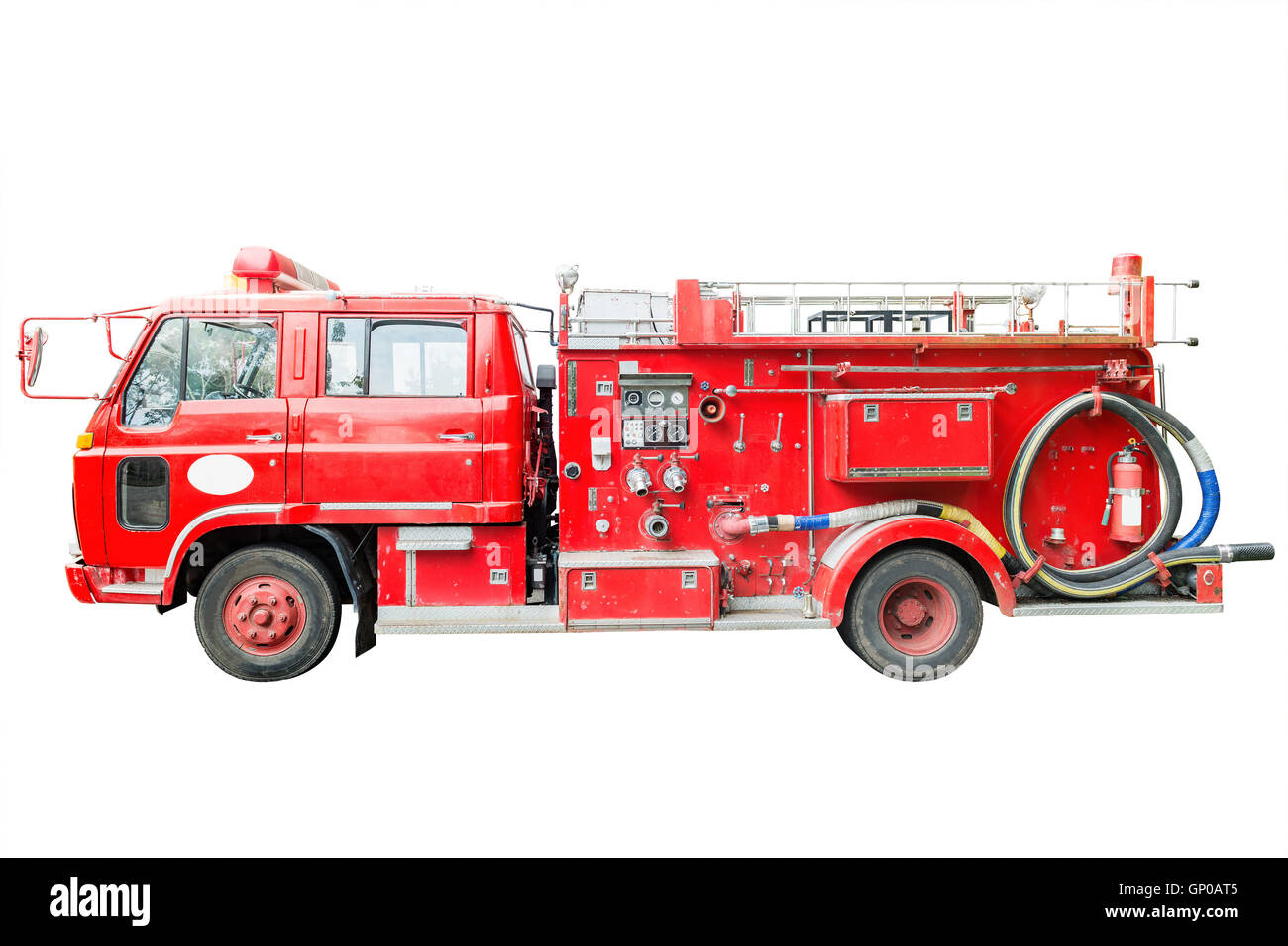 dirt old fire truck and close up equipments. Isolated on white. Stock Photo