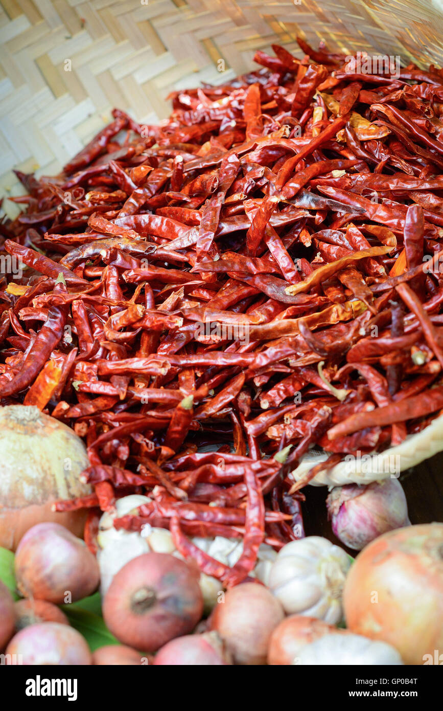 Dried chilli, active ingredients for thai cuisine preparing in wicker