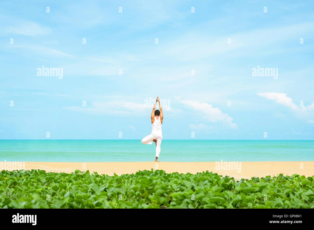 a man practicing yoga on the beautiful beach and tropical seashore, Ipomoea foreground. Stock Photo