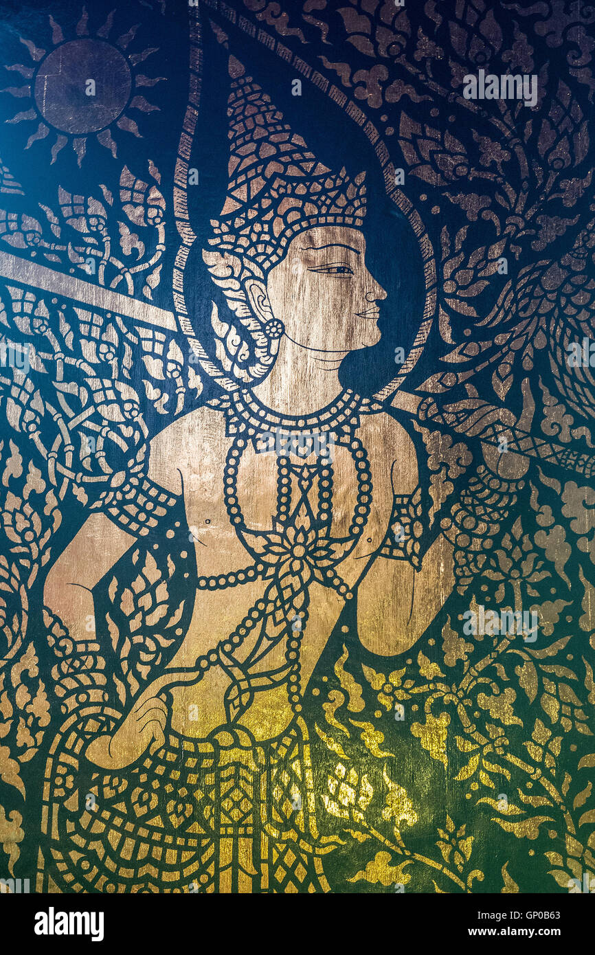 Traditional Thai style art painting on temple's door. Stock Photo