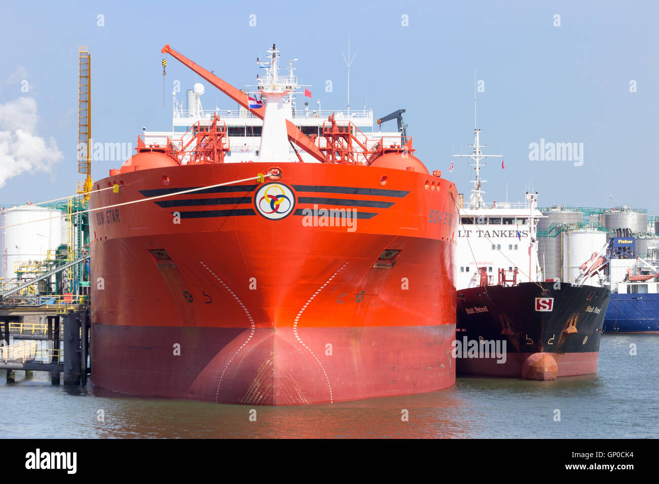 ROTTERDAM - AUG 1, 2014: Oil/Chemical tanker Bow Star moored in the Port of Rotterdam. The port is the largest in Europe and fac Stock Photo