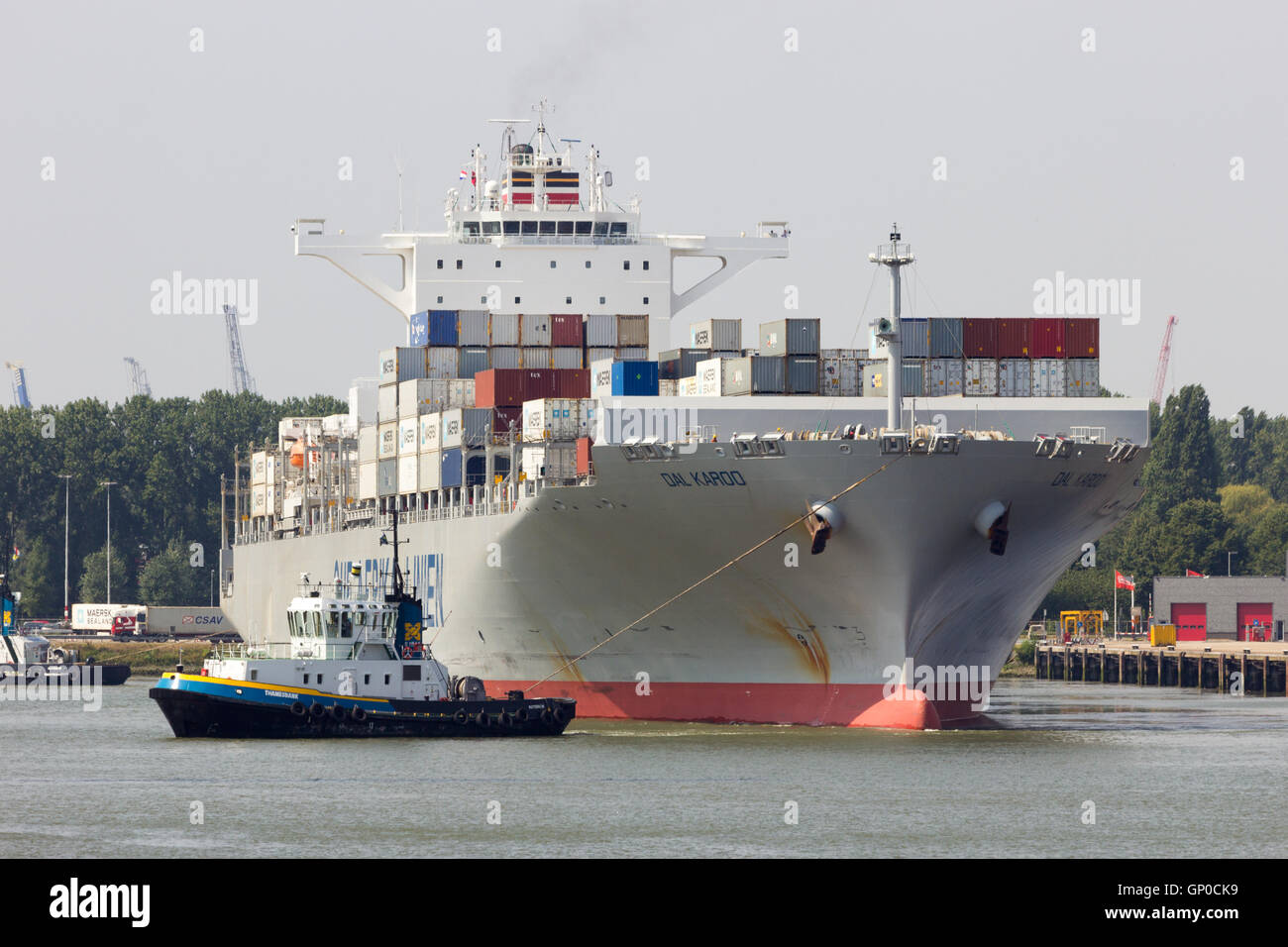 Container ship Dal Karoo leaving the Port of Rotterdam. The port area is 105 square km and Stock Photo